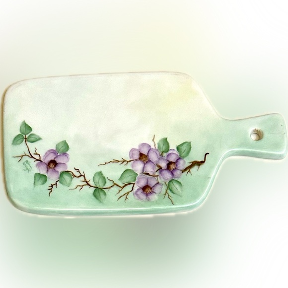 VTG PORCELAIN CHEESE BOARD HAND PAINTED CHINA PURPLE VIOLET GREEN FLOWER KITCHEN - Picture 2 of 5